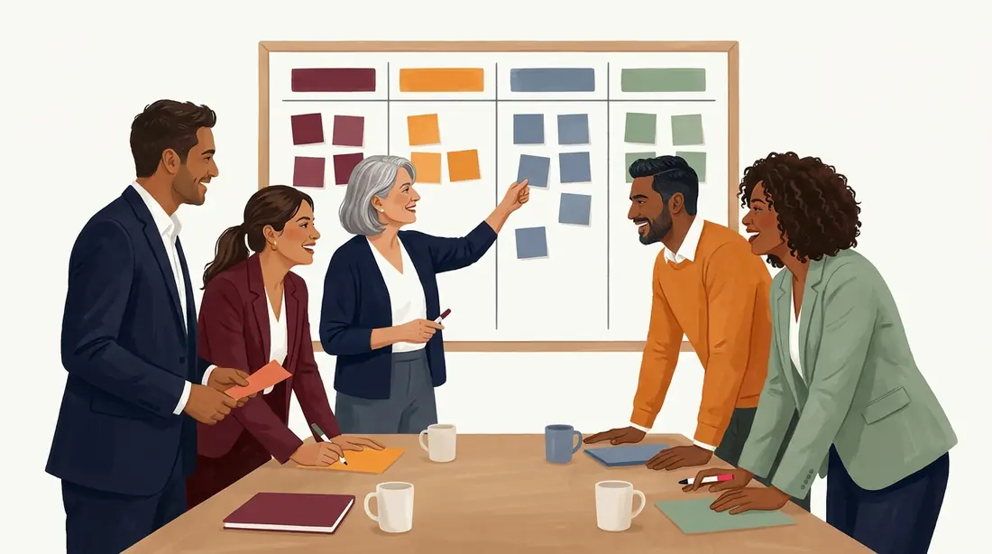 Ilustración: un equipo en un taller FAST ordenando notas de colores en cuatro columnas