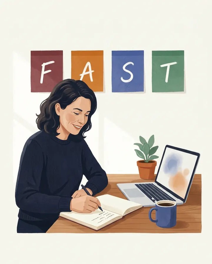 Ilustración: una profesional escribe en su cuaderno bajo cuatro notas con las letras F, A, S y T