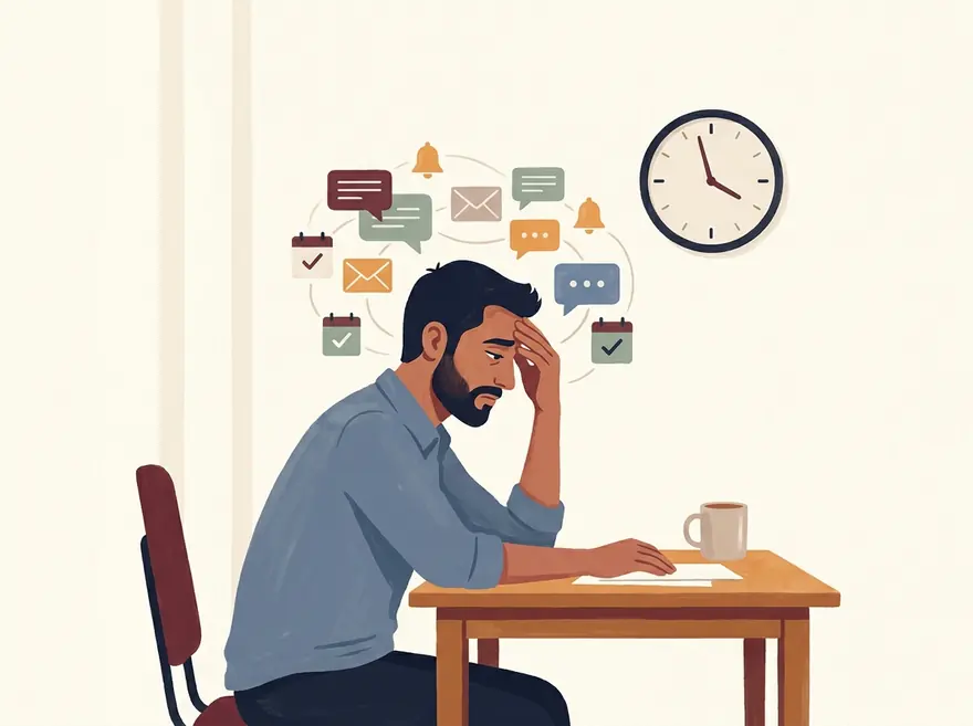 Ilustración: un profesional agobiado por notificaciones de correo, chat y calendario